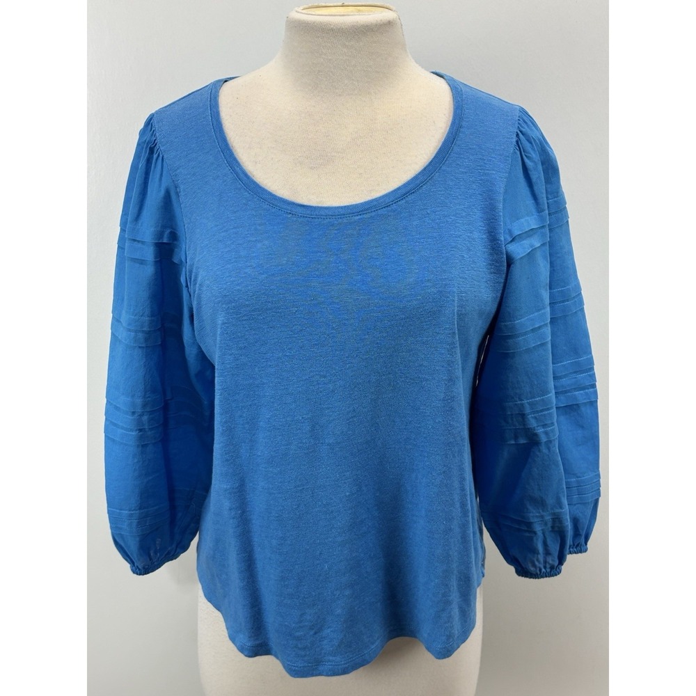 Chico's 100% Linen Puff Sleeve Shirt Vneck  Womens Medium Blue Coastal Resort
